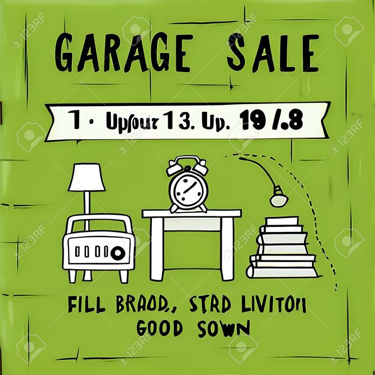 Garage verkoop, huishoudelijke gebruikte goederen. vierkante banner template. Voor posters, kaarten, brochures en uitnodigingen, flyers en website ontwerpen.