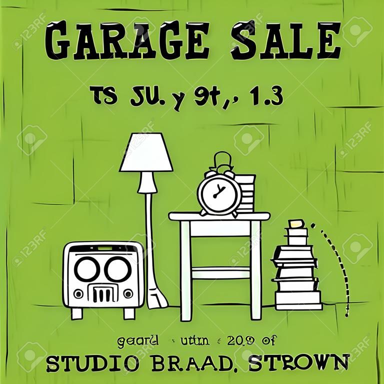 Garage sale, household used goods.  square banner template. For posters, cards, brochures and invitations, flyers and website designs. Hand drawn thin line elements.