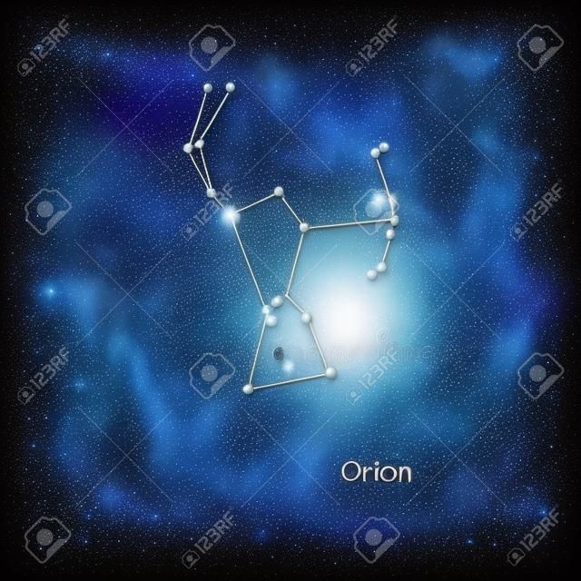 Astronomia di scienza, mappa stellare su sfondo blu profondo. costellazione di Orione. Illustrazione vettoriale.