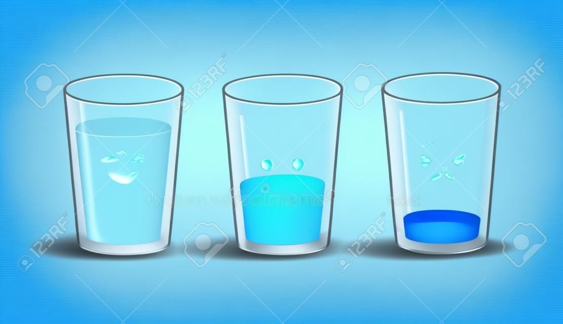 Funny and sad glass of water. Full and empty glass. Drink more water concept. Vector illustration isolated on blue background.