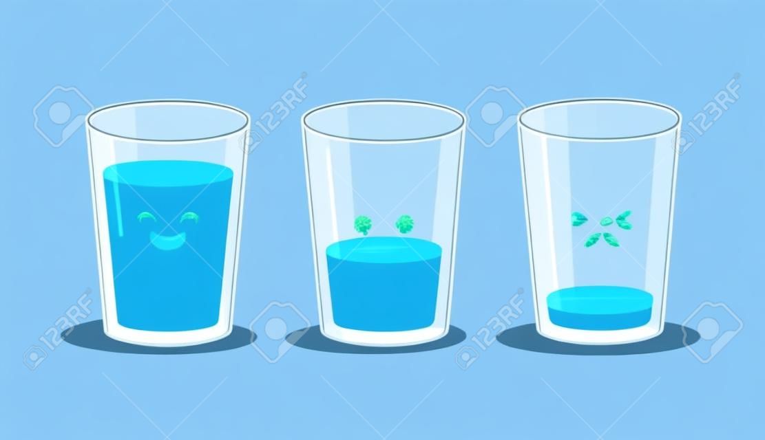 Funny and sad glass of water. Full and empty glass. Drink more water concept. Vector illustration isolated on blue background.
