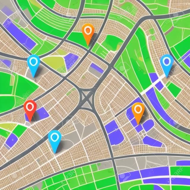Mappa stradale con punti di colore diverso su di essa. Navigatore GPS. Segnali di posizione su un paesaggio cittadino.