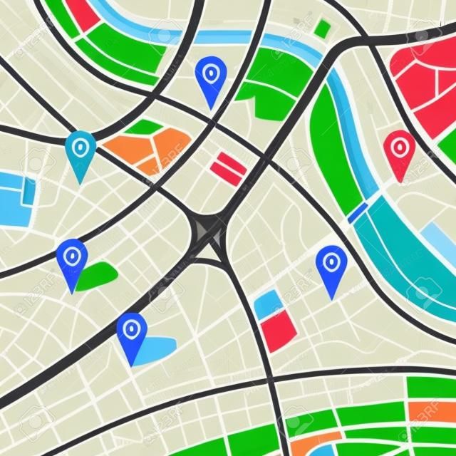 Mapa de rua com ponto de cor diferente nele. Navegador GPS. Marcações de localização em uma paisagem da cidade.