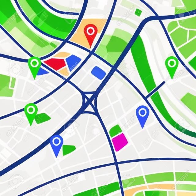 Street map with different color pinpoint on it. GPS navigator. Location marks on a city landscape.