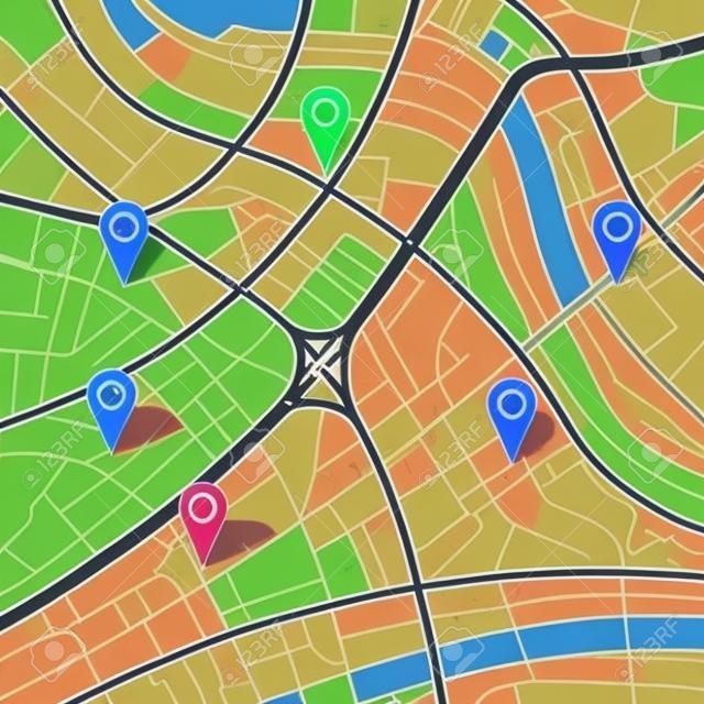 Straatkaart met verschillende kleuren erop. GPS navigator. Plaatsmarkeringen op een stadslandschap.