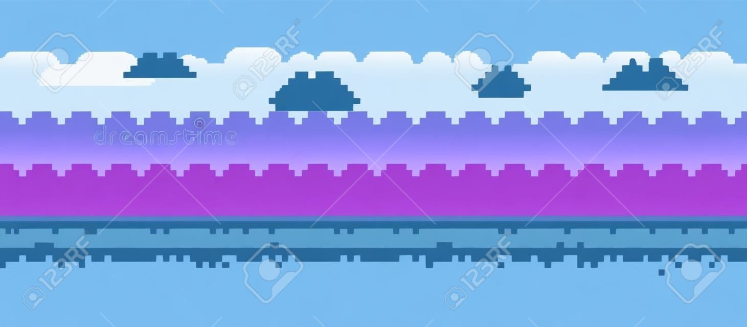 Fundo do jogo de arte de pixel. Imagem de 8 bits com céu, nuvens, terra e grama. Paisagem para jogo ou aplicativos. Controlador de jogos. Ilustração vetorial.