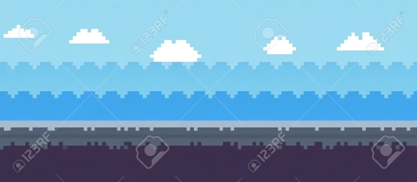 Fundo do jogo de arte de pixel. Imagem de 8 bits com céu, nuvens, terra e grama. Paisagem para jogo ou aplicativos. Controlador de jogos. Ilustração vetorial.