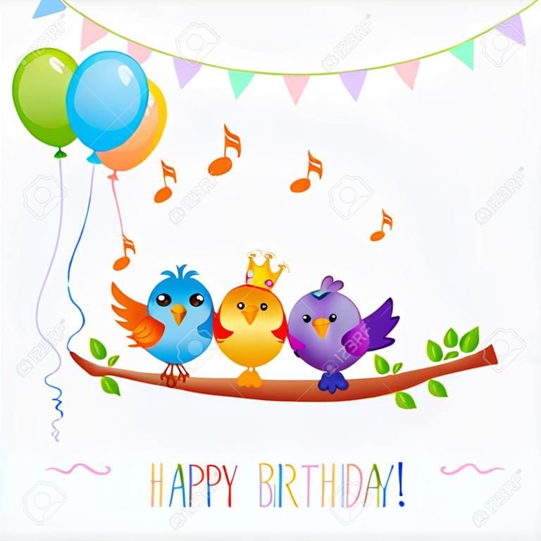 illustration de personnages drôles d'oiseaux chanter Joyeux anniversaire