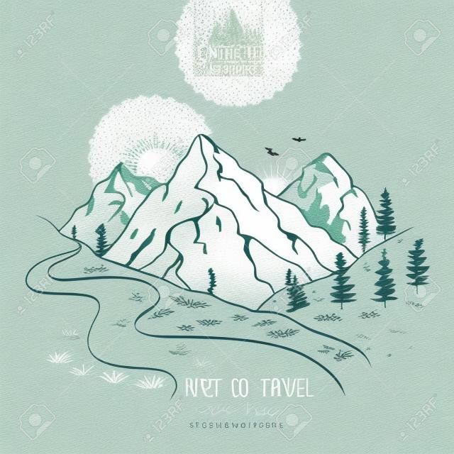 illustration nature mountains with text - just go travel.  sketch.