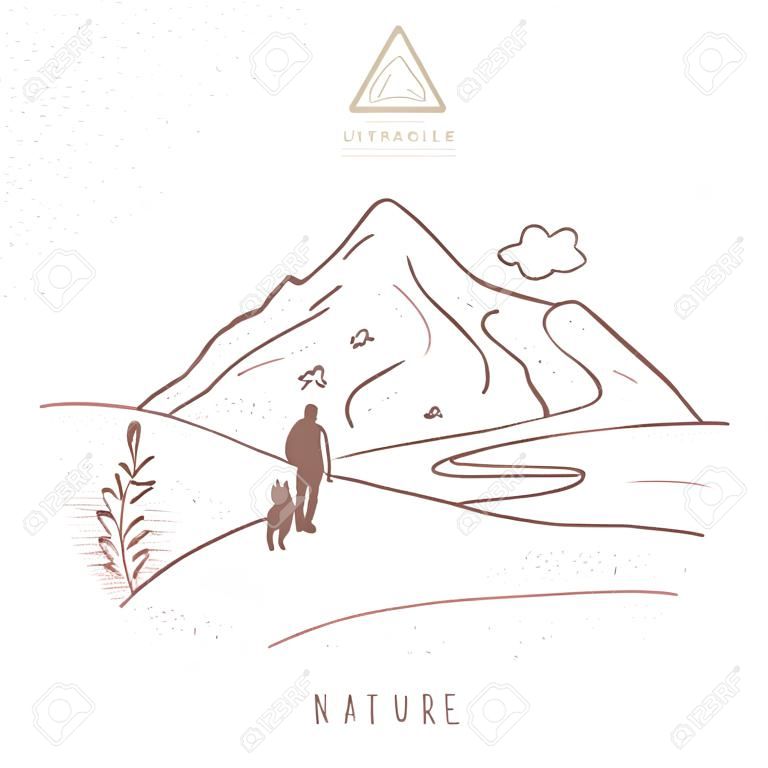 Природа горы с путешественником и собакой. Ручной обращается эскиз. Красивые векторные иллюстрации