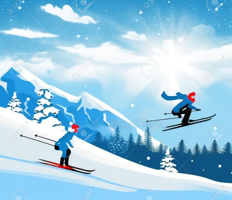 Couple skiing ride in mountain. Amazing Christmas and New Year winter holiday card. Vector illustration