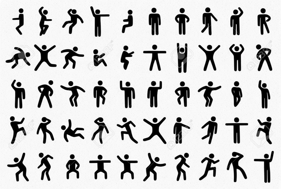 50 stick figure set, person in different sport poses on white background