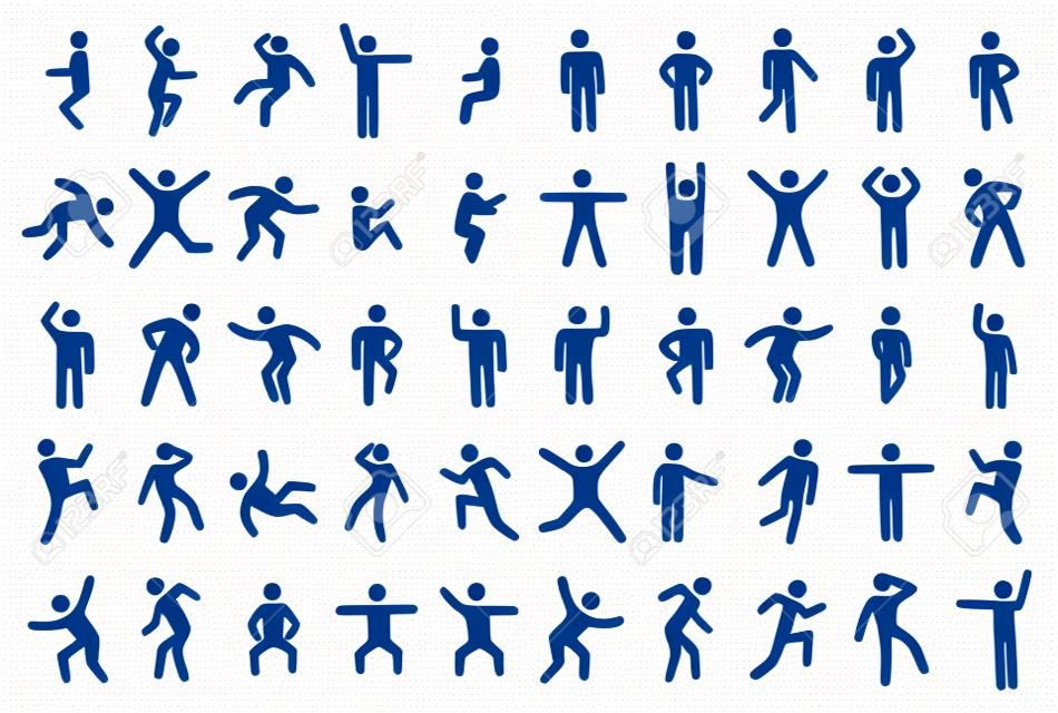 50 stick figura definida, pessoa em diferentes poses de esporte em fundo branco