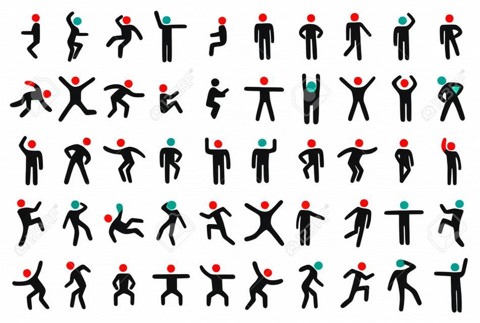 50 stick figura definida, pessoa em diferentes poses de esporte em fundo branco