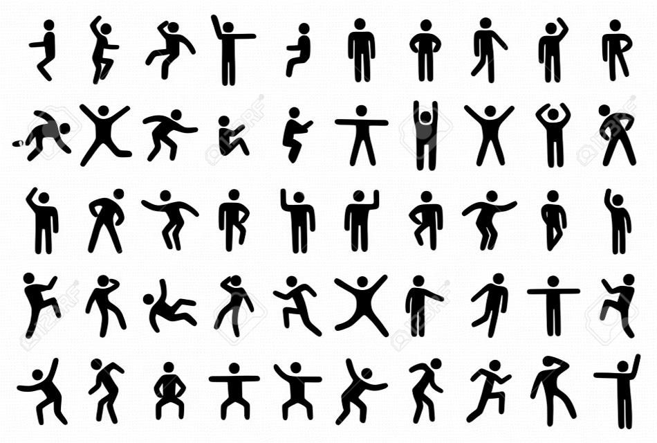 50 stick figure set, person in different sport poses on white background