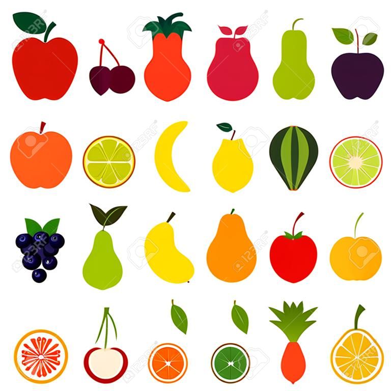 Frutas iconos planos del conjunto aislado sobre fondo blanco