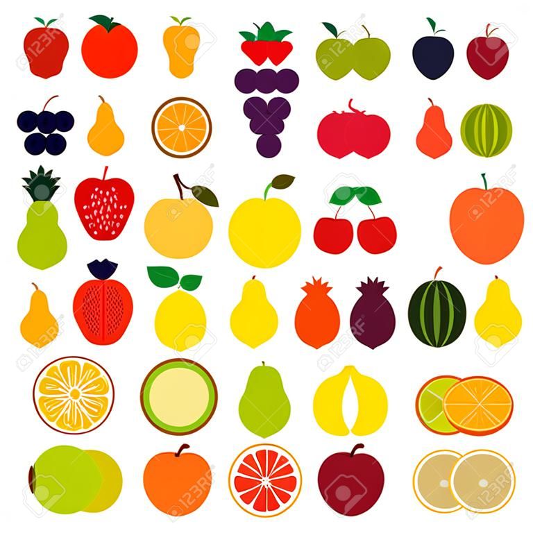 Frutas iconos planos del conjunto aislado sobre fondo blanco