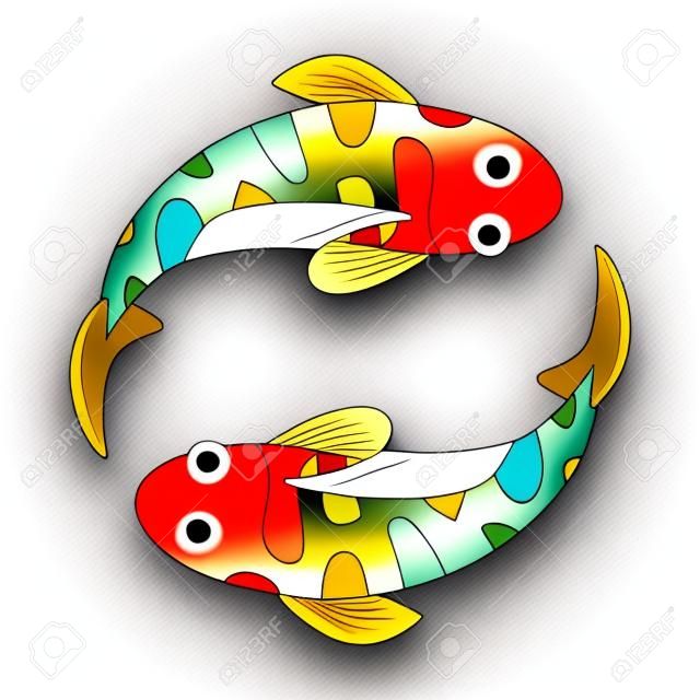 icono de dos peces koi sobre fondo blanco en estilo de dibujos animados. peces koi Yin Yang