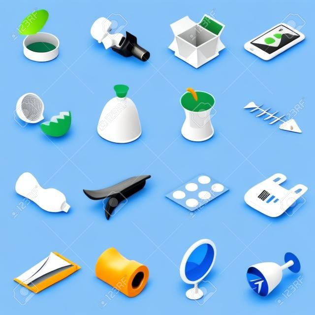 Resíduos e lixo para reciclagem de ícones definidos em estilo 3d isométrico em um fundo branco
