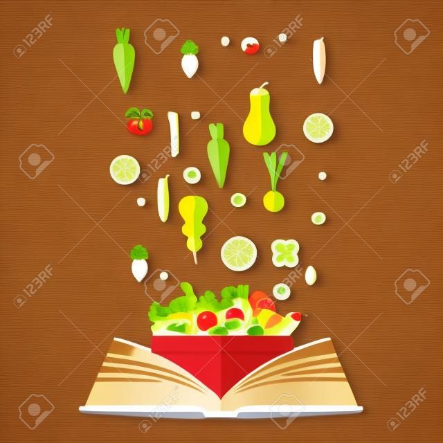 Vegetarisches, gesundes Essen Konzept. Vektor-Konzept Illustration. Buch der Rezepte, Kochbuch, beste Rezepte.