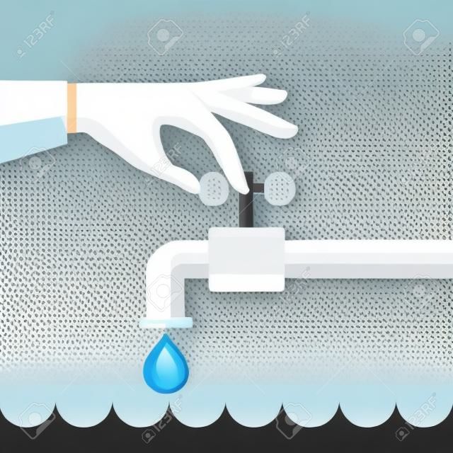 Vector flat illustration. Turn off the water with man's hand isolated on background