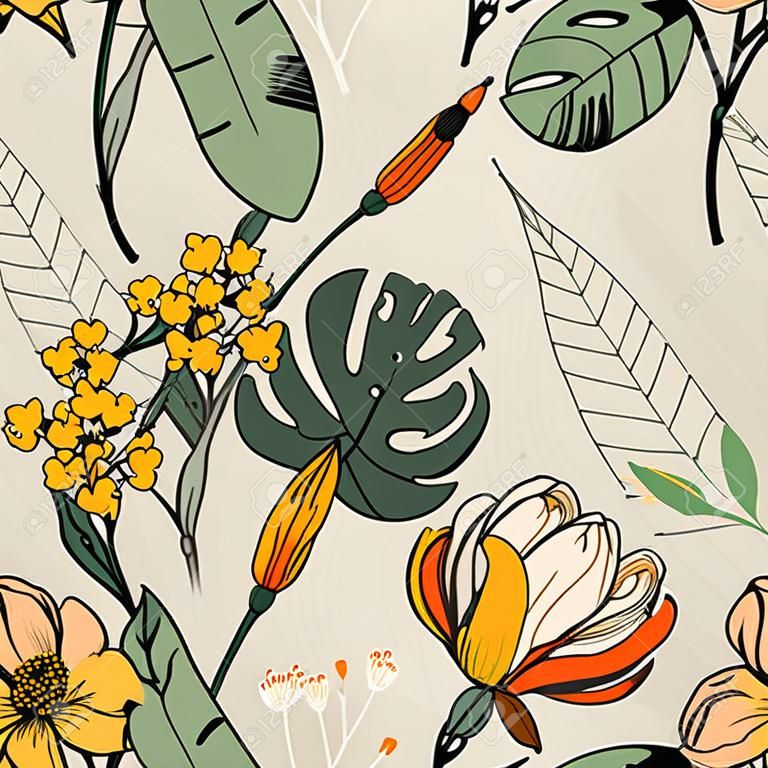 Blossom bloemen naadloos patroon. Vintage achtergrond. Behang. Blooming realistische geïsoleerde bloemen. Hand getekend. Vector illustratie.