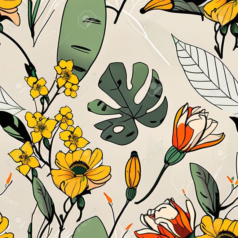 Blossom floral seamless pattern. Vintage background. Wallpaper. Blooming realistic isolated flowers. Hand drawn. Vector illustration.