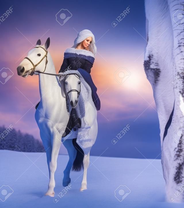 Regina medievale sul cavallo bianco alla foresta di inverno di penombra