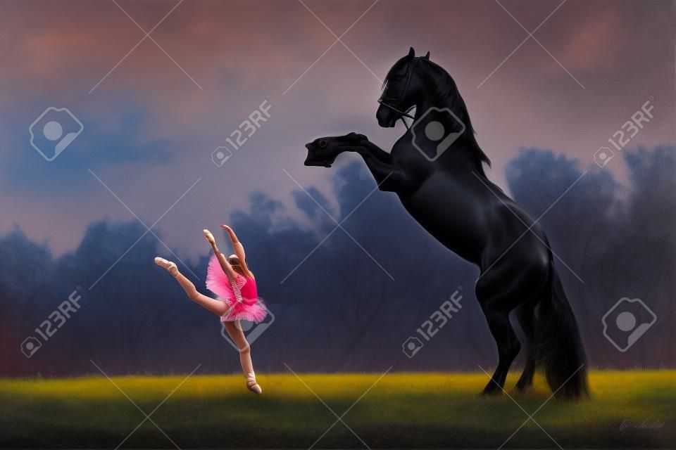 Little ballerina girl with black friesian stallion at summer evening