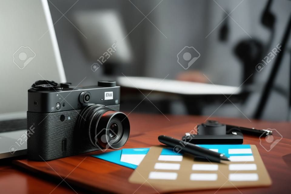Laptop and camera on the desk with folder.