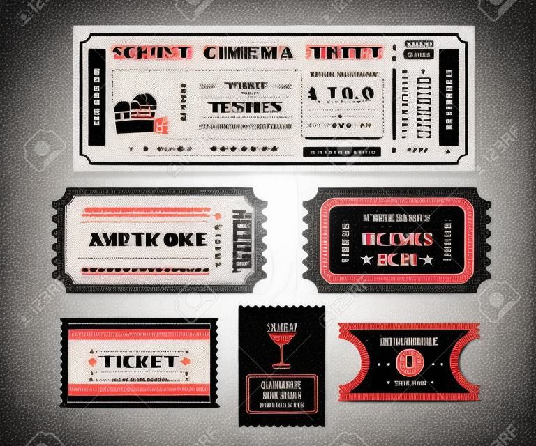 Retro Tickets eingestellt. Temlate Vektor-Illustration für Kino und andere Veranstaltungen. Text skizziert