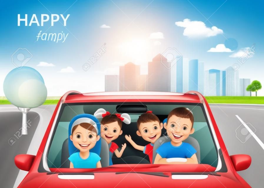 아이들이 자동차로 여행 함께 행복 한 가족