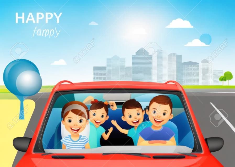 Счастливая семья с детьми, путешествующие на автомобиле