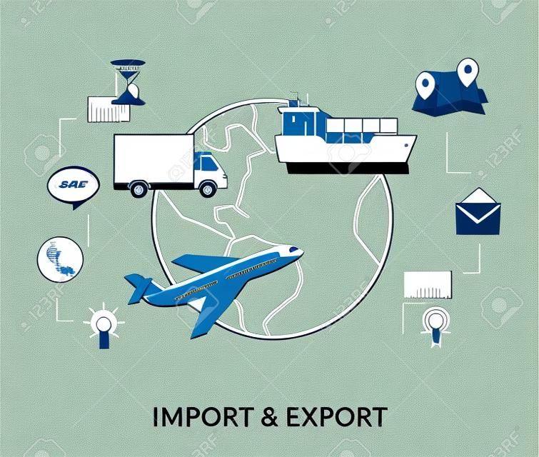 Flat contour illustration of import and export delivery by airplane, ship and commercial truck