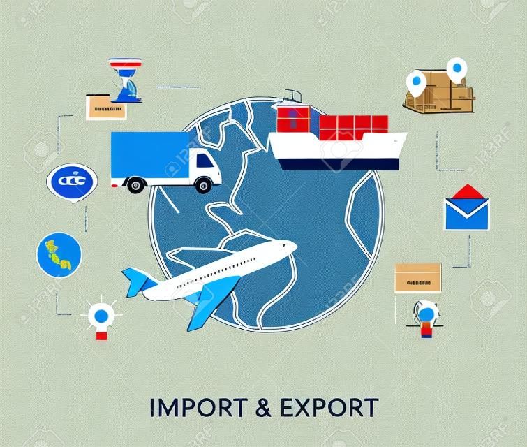 Плоский контур иллюстрации импорта и экспорта поставки на самолете, корабле и коммерческого грузовика