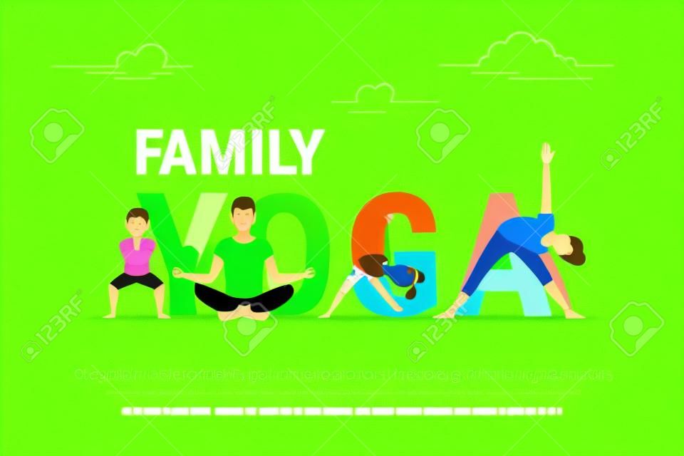 Familie yoga concept illustratie van mensen doen yoga oefeningen en zitten in lotus pose. Plat ontwerp van vader en moeder met kinderen doen yoga poseren in de buurt letters geïsoleerd op groene achtergrond