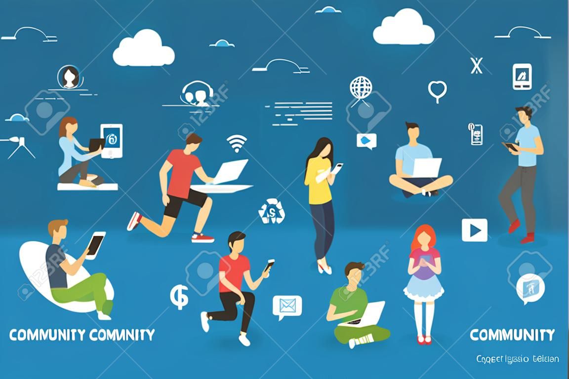 Community concept illustration of young people using mobile gadgets such as smarthone, tablet and laptop to be a part of internet community. Flat design of guys and young women on letters with symbols