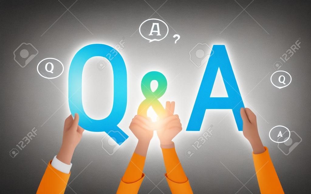Question and answer concept illustration of human hands hold letters Q and A.