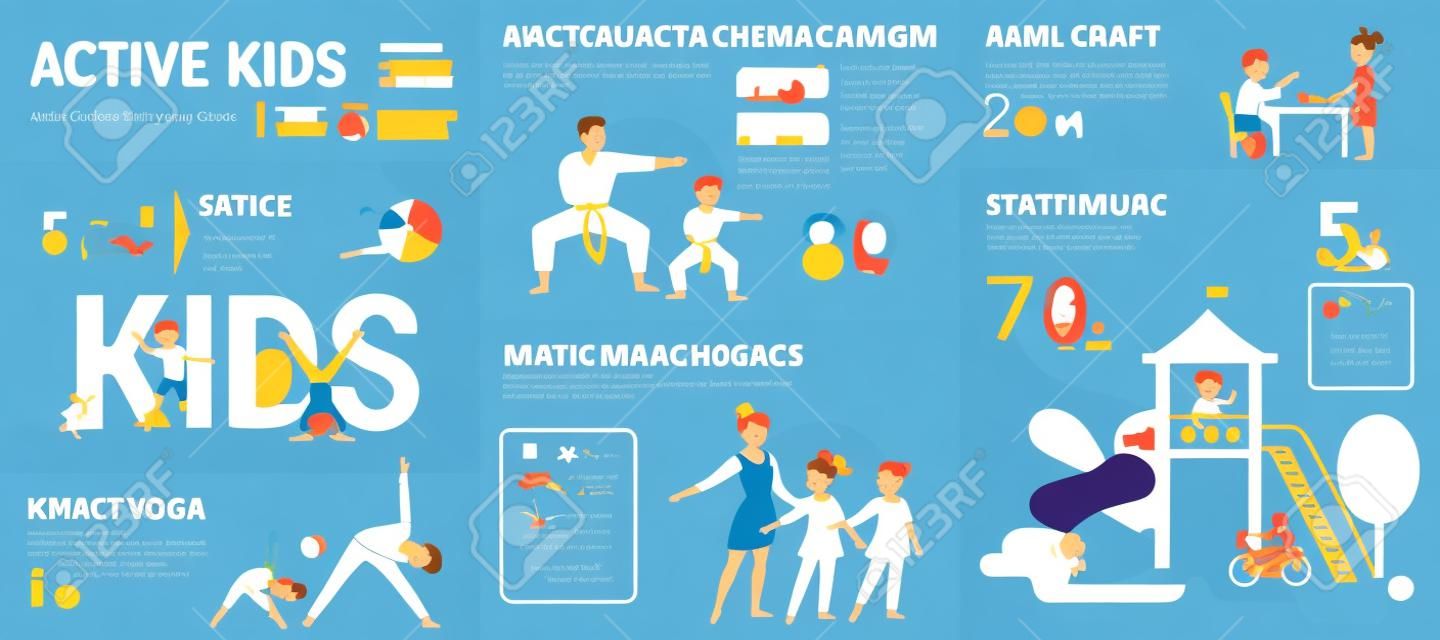 Active kids infographics vector illustration of children classes with graphs and diagrams. Flat template of family yoga, martial arts, ballet class, crafts and playground. Kids lifestyle presentation