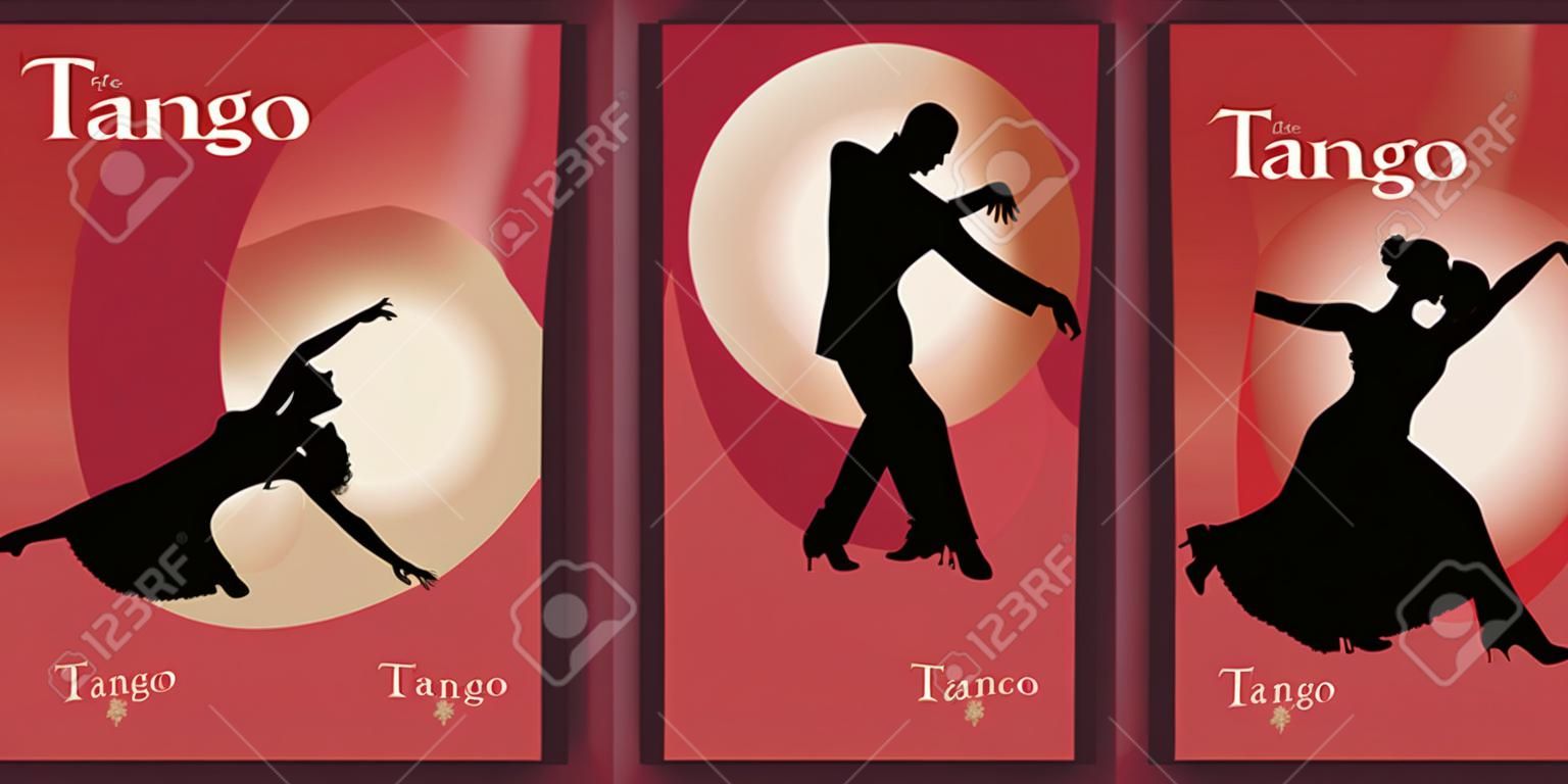 タンゴのポスター。タンゴを踊る優雅な夫婦。踊る男女のシルエットベクターイラスト