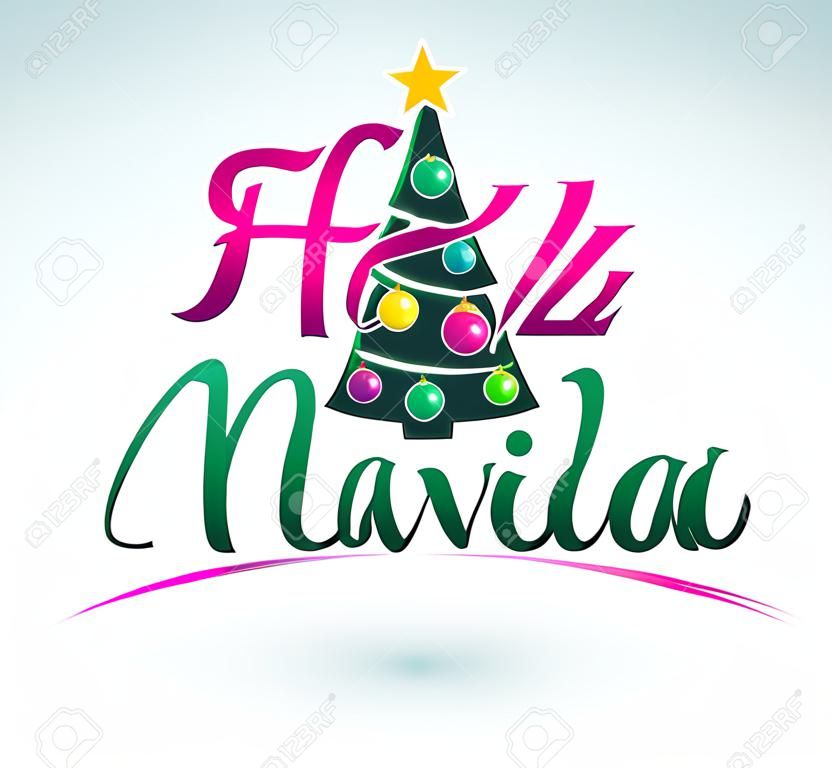 Feliz Navidad - texto espanhol de feliz Natal - Vector árvore de Natal