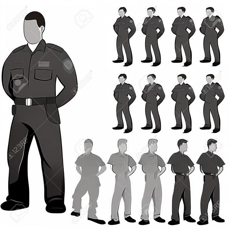 Police security guard grayscale vector set.