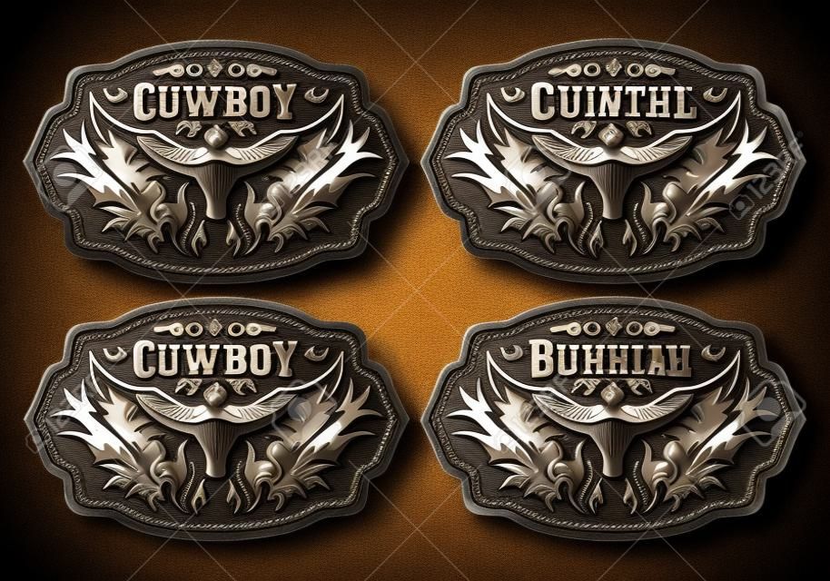 Western Style Cowboy Bull Belt Buckle vector set design.
