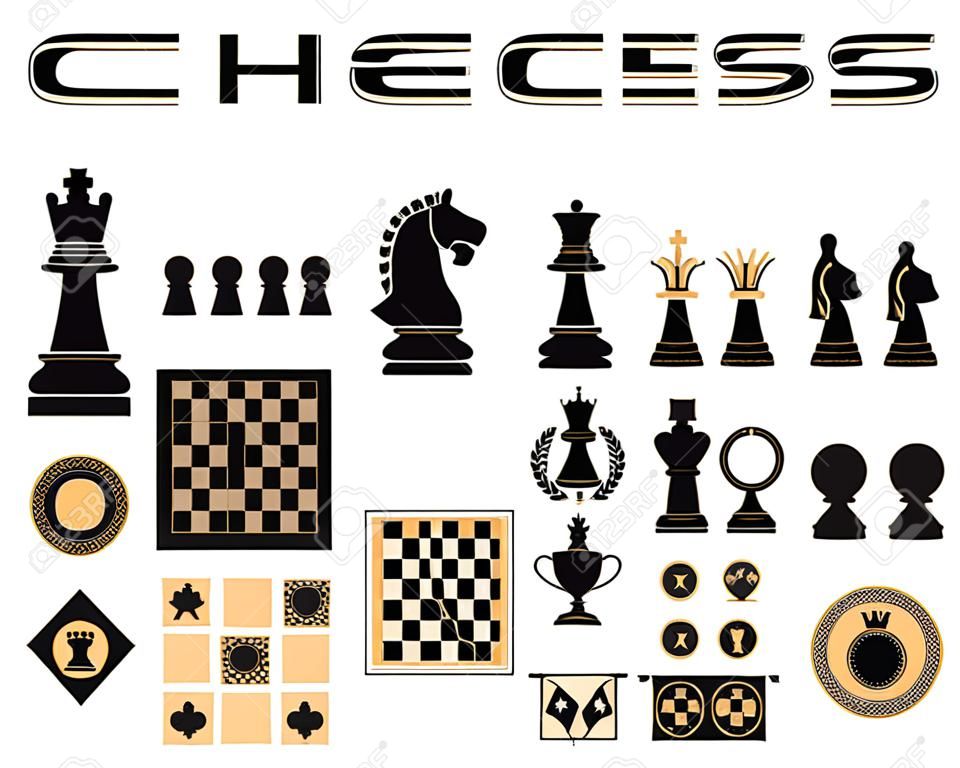 Set van hand getrokken schaakpictogrammen. Schaakstukken, schaakbord, beker, medailles en vlaggen. Zwarte en beige geïsoleerde foto's voor het ontwerp van sportprojecten en wedstrijden. Vector illustratie.