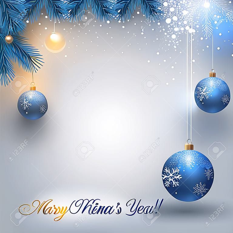 Blue Christmas Hintergrund mit Tannenzweigen und Kugeln. Weihnachten baubles.Vector Abbildung.