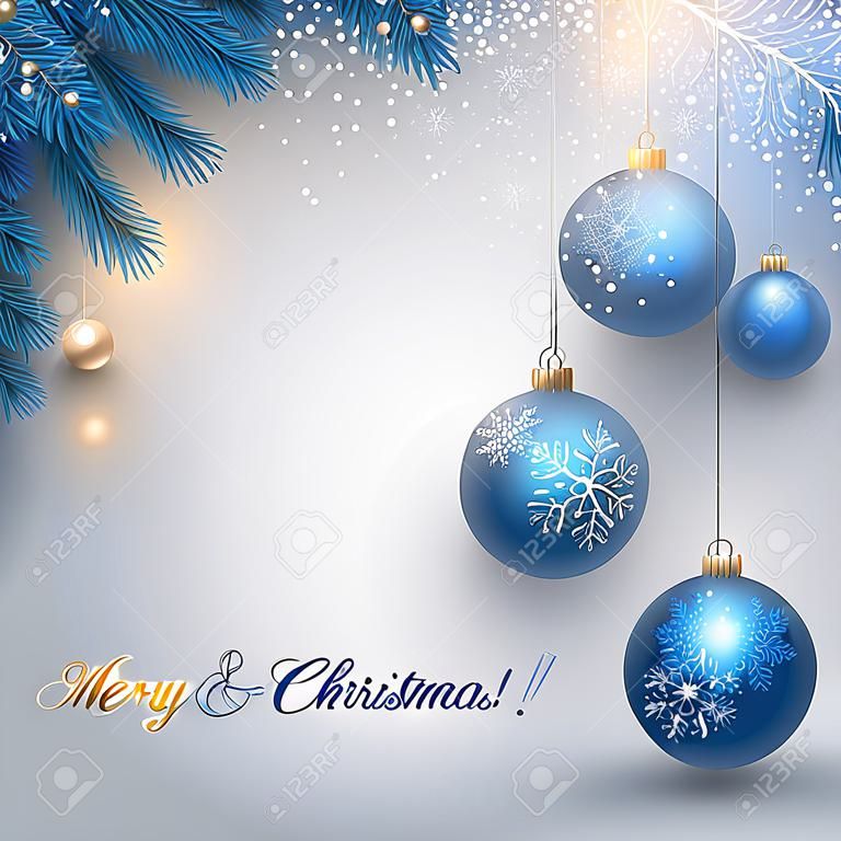 Sfondo blu di Natale con rami di abete e palline. Xmas baubles.Vector illustrazione.