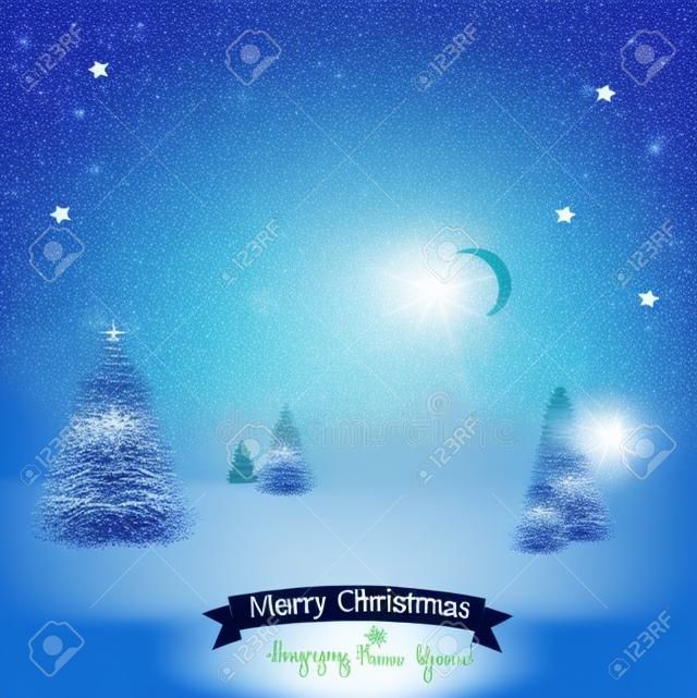 Schöne Weihnachten Hintergrund mit unscharfen Weihnachtsbäumen. Weiße Winterlandschaft. Sternenhimmel. Vector Illustration