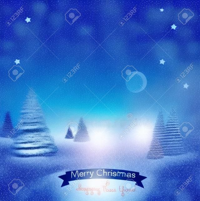 Piękne Boże Narodzenie w tle z niewyraźne choinki. Biały krajobraz zimowy. Gwiaździste niebo. Ilustracja wektora