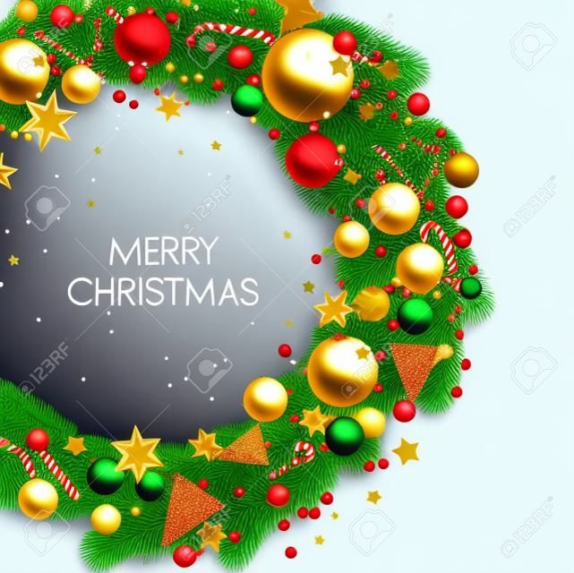 Christmas background with balls and fir twig. Colorful Xmas baubles. Vector