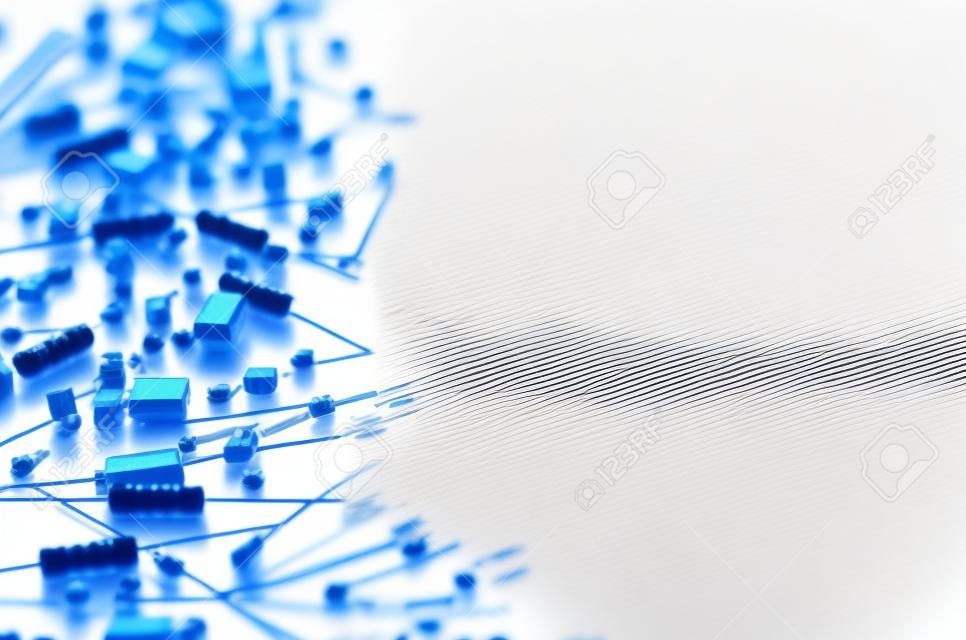 Different electronic components on white background with copy space. Selective focus